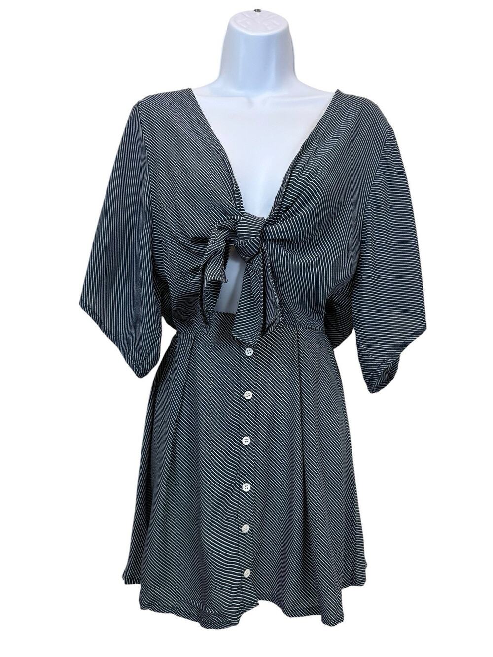 Faithfull The Brand Dress Womens Extra Small Navy Blue White Striped Mini Skater - Picture 2 of 16